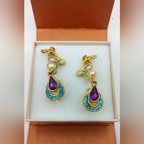 Disney Vintage Jeweled Pearl Clip On Earrings Gold Tone Jewelry Jasmine - Picture 12 of 12